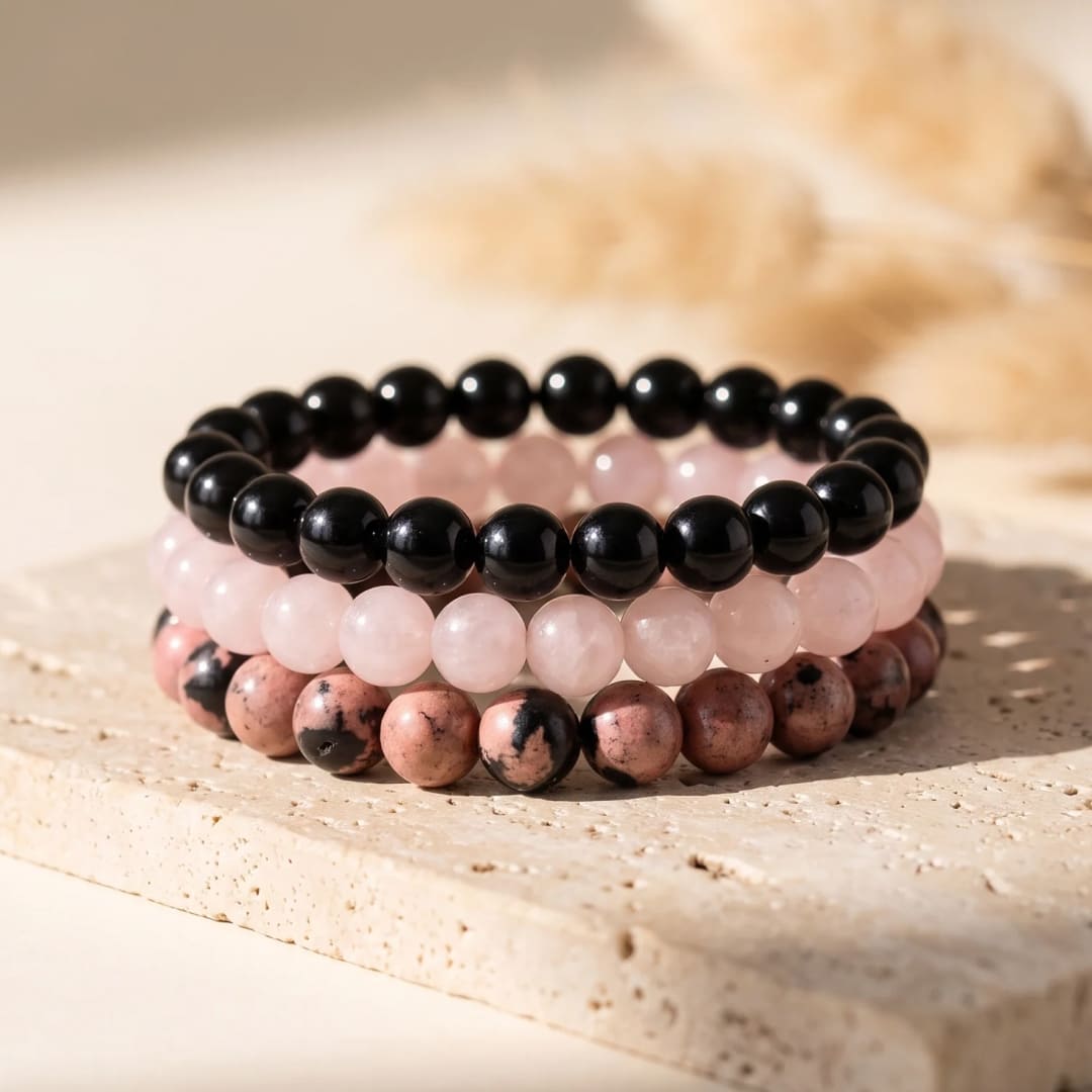 Trio of "Peace and Balance" Bracelets in Onyx, Rose Quartz & Rhodonite