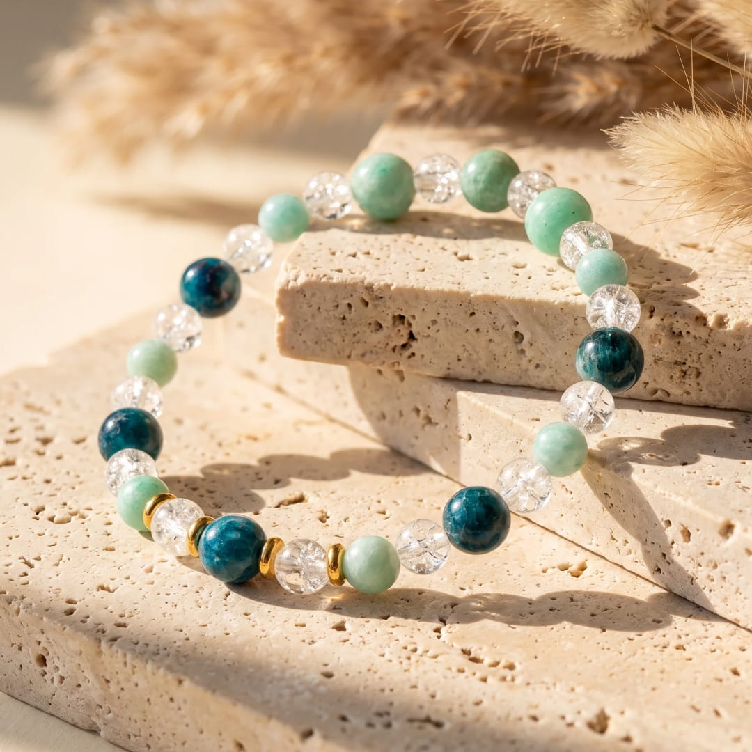 Armband „Lagoon Dream“ aus Amazonit, Apatit & gekracktem Bergkristall