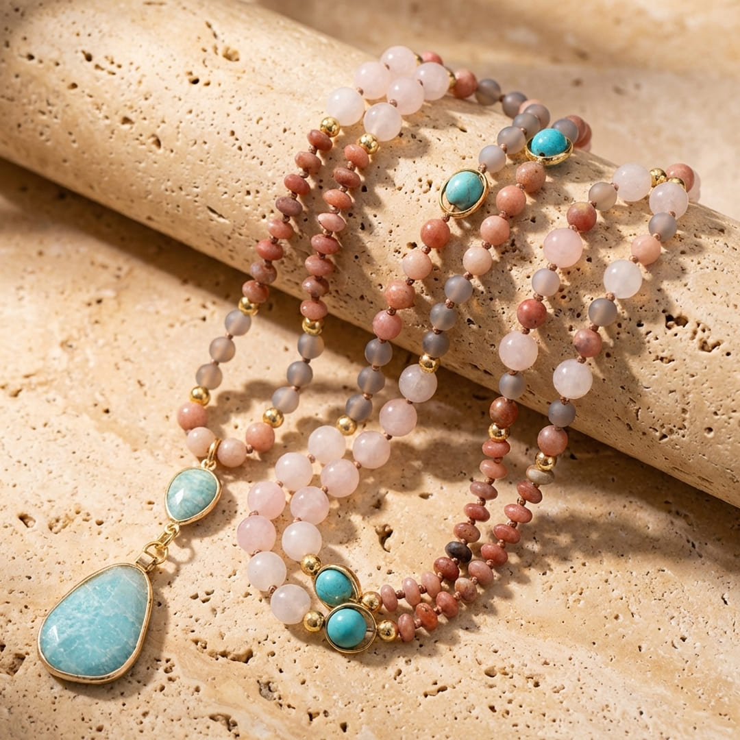 Ethnische Mala-Kette aus Türkis, Amazonit, Rosenquarz & Rhodonit