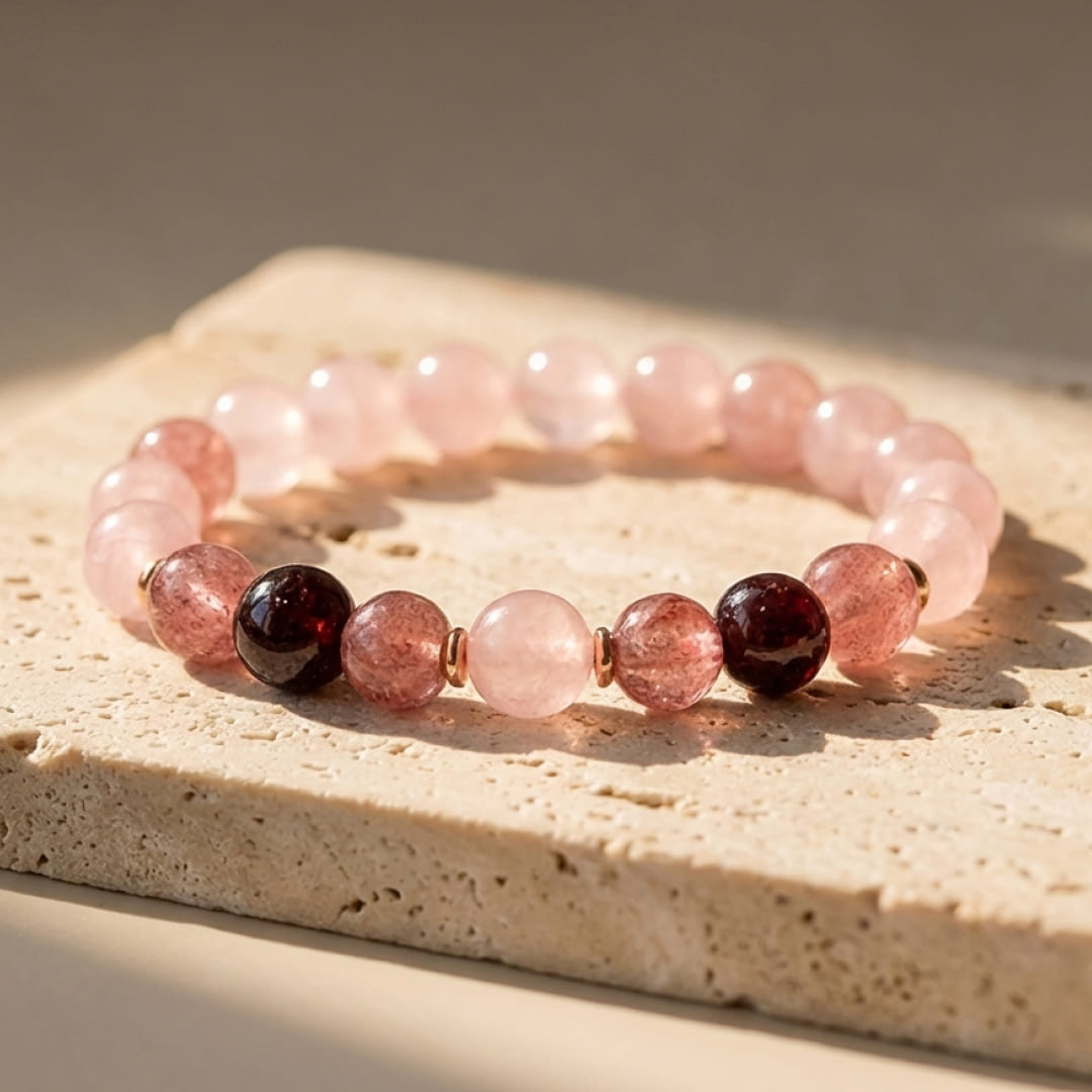 Armband "Amour Infini" aus Rosenquarz, Granat und Erdbeerquarz
