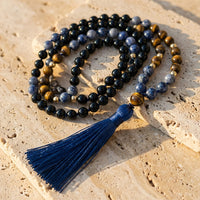 Collier Mala en Sodalite, Œil de Tigre et Onyx Noir 1