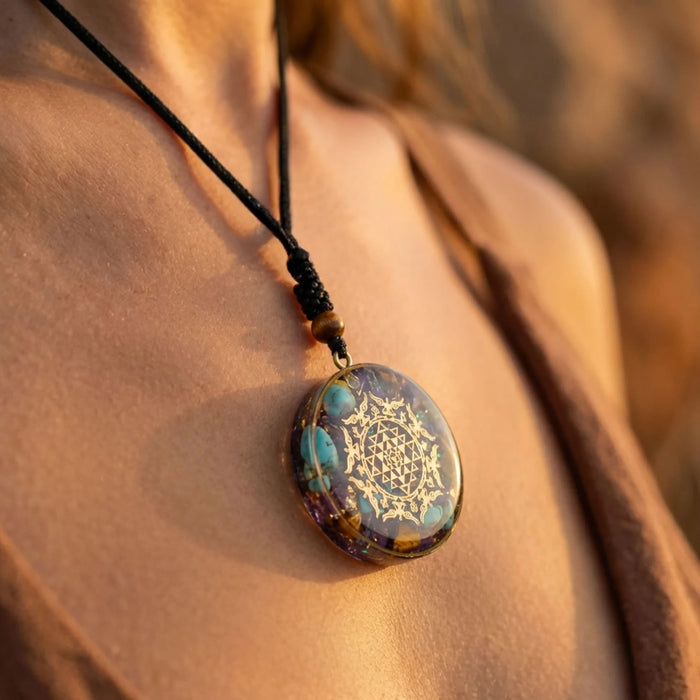 Orgonite Pendant "Sri Yantra" in Turquoise & Tiger's Eye