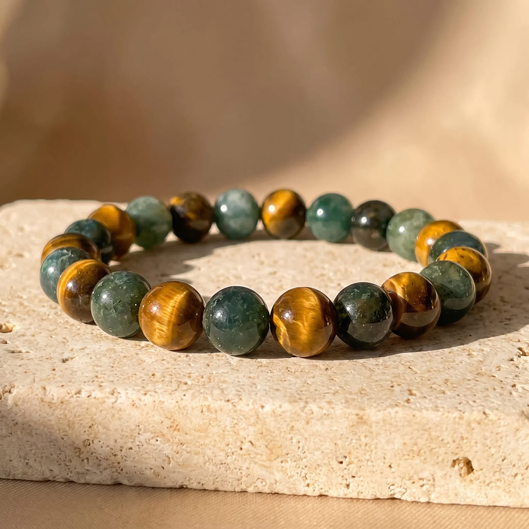 "Balance & Protection" Bracelet in Tiger Eye & Moss Agate