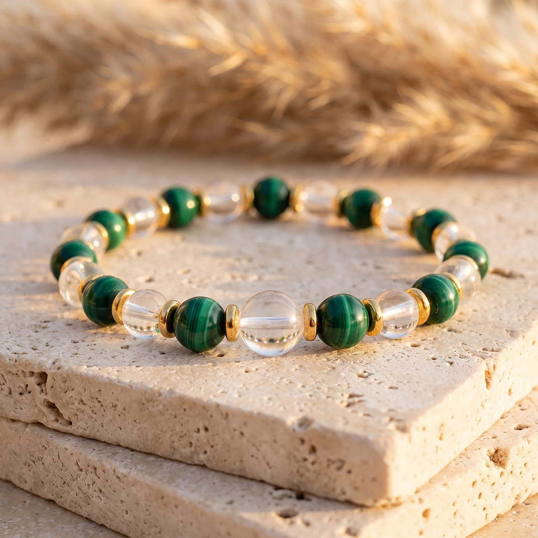 Bracelet "Nouveau Départ" en Malachite et Cristal de Roche
