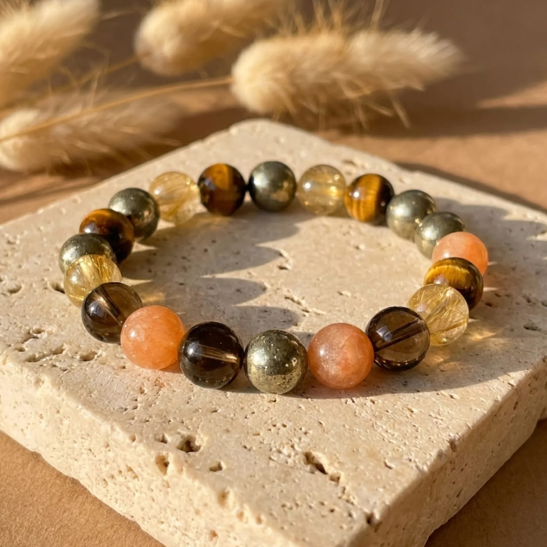 "Solar Energy" Bracelet in Smoky Quartz, Tiger Eye & Golden Rutilated Quartz