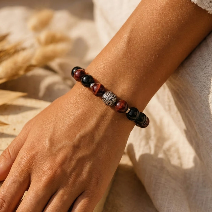 Premium Bracelet "Burning Flame" in Garnet, Bull's Eye & Black Obsidian