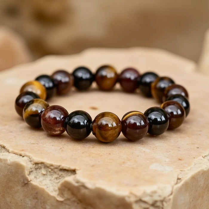 Armband "Erfolg & Schutz" aus Tigerauge, Granat, schwarzem Turmalin & Rauchquarz