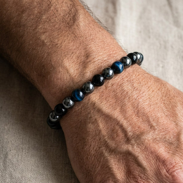"Assured Cap" Bracelet in Hematite, Black Tourmaline & Blue Tiger's Eye