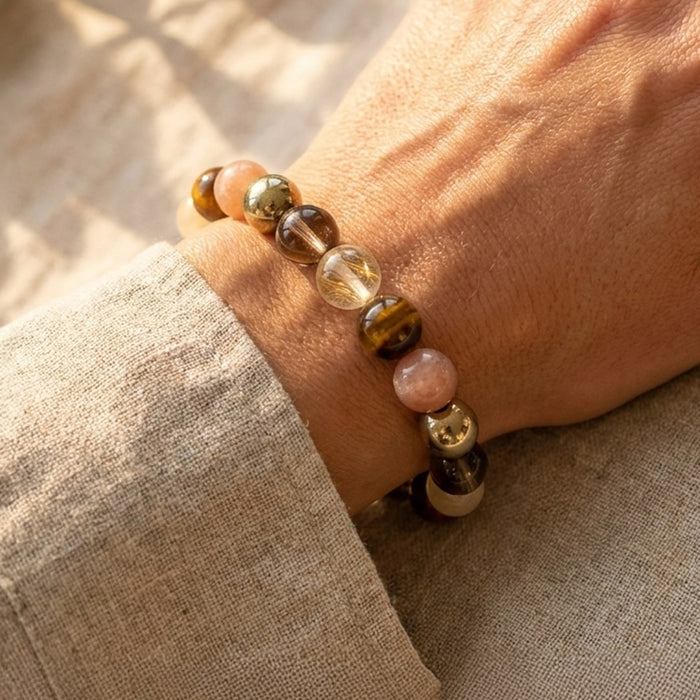 Armband "Sonnenenergie" aus Rauchquarz, Tigerauge und Goldenem Rutilquarz