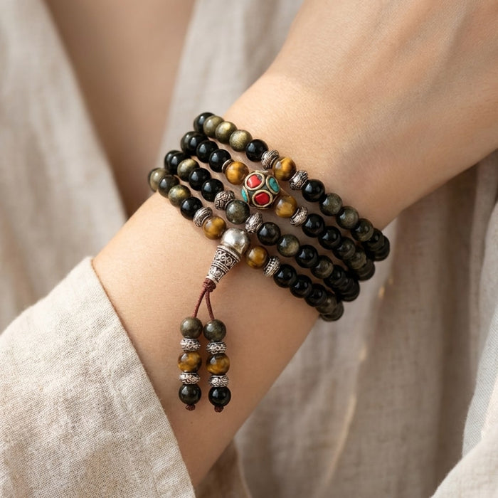 Buddhist Mala Bracelet in Black & Gold Obsidian