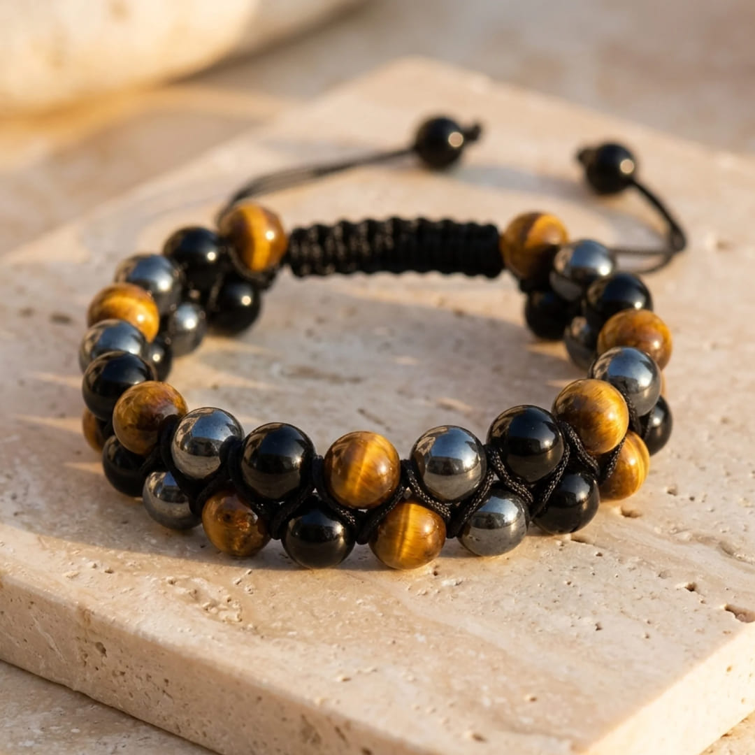 Bracelet Tressé "Triple Protection" en Hématite, Œil de Tigre et Obsidienne