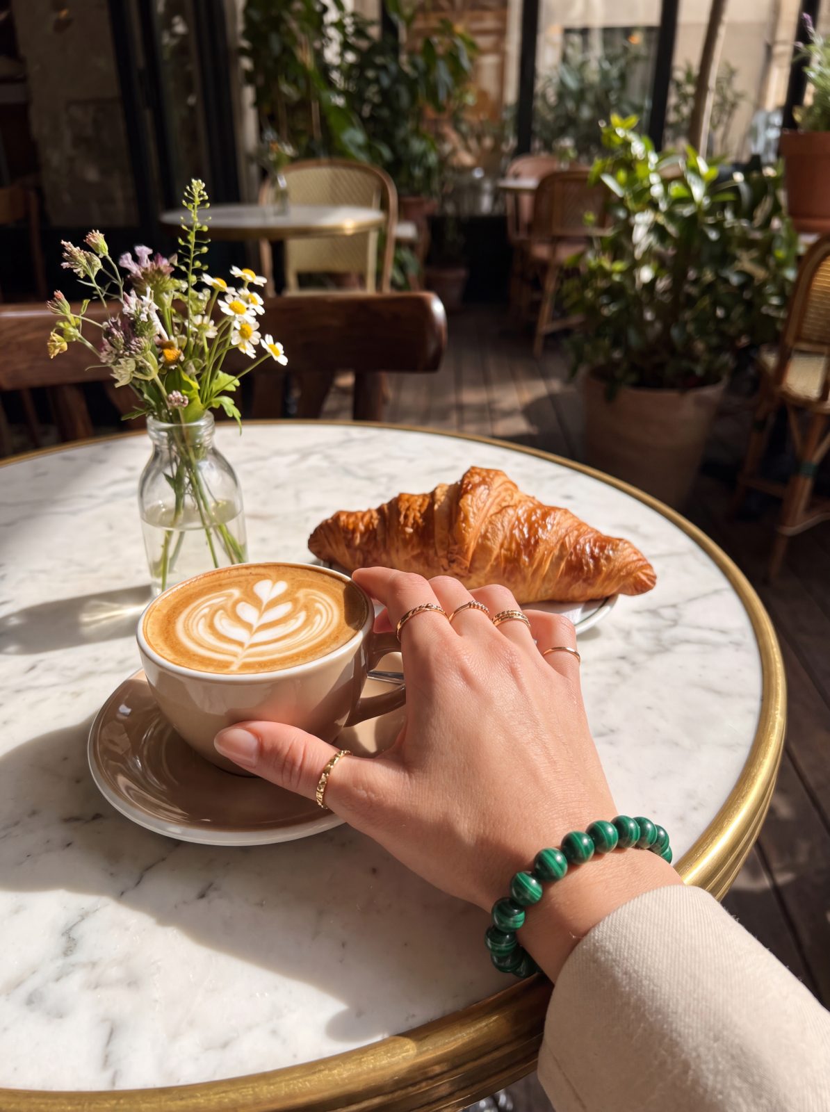 Malachite bracelet at a cafe